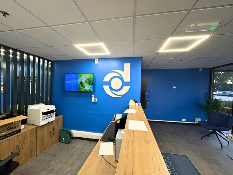 Donaldson Hull, Phase 2 fret-cut 3D logo wall graphic installed.